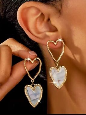 Gold Heart Drop Earrings with Mother-of-Pearl Accent